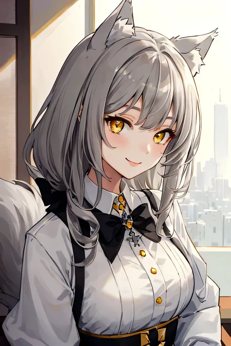 ((masterpiece)), ((best quality)), (close-up:1), (half-body shot:1.36), perfect anatomy, 1girl, solo, cat girl, gray hair, yellow eyes, gray cat ears, gray fluffy cat tail, basic white dress, standing straight, smiling, lighting from front, looking at view...