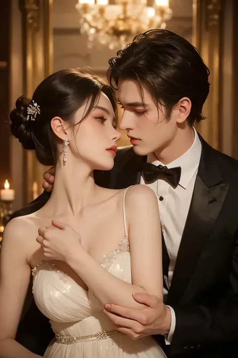 A couple in a mansion，The two of them snuggled together and looked at each other，Wearing a dress，Boys in suits，Perfect face perfect hands，Sad atmosphere，The background is a luxurious banquet，bust