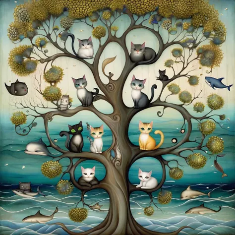 a beautiful patchwork of Some cats curling on the branches of an old tree, Seascape background, beach, whales. style Klimt, Nicoletta Ceccoli, Naoto Hattori, Lawrence Didier, Leonora Carrington