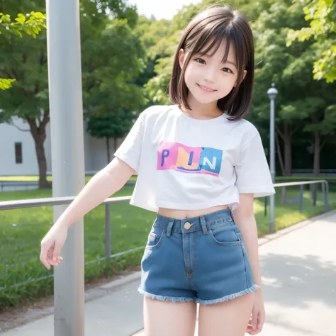 Elementary school girl in hot pants smiling in the park hot pants denim one girl cute girls cute girls about 9 years old idol cute children girl shorts cute 8k high quality best picture quality Japanese young girl best quality color