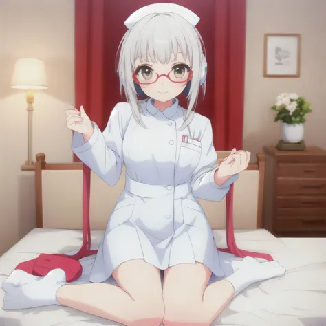 White Hair、Messy Hair、Highest quality, Very detailed, (masterpiece),Perfect proportions、Nurse uniform、White socks、Red glasses、Long sleeve、smile、One girl、headphone、View your viewers、bed、lying