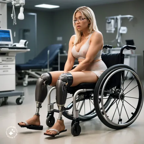 ultra detailed, photorealistic, 8K, detailed face, bedroom, beautiful, woman, amputee, wheelchair, tight clothes, wheelchair, prosthetic legs, prothesis, glasses, low contrast, soft lighting, nipple outline,clear plastic backed, diapered, diapers, padded, ...