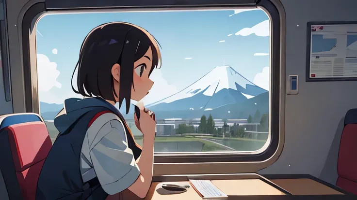 A female student looking at Mt. Fuji from inside the Shinkansen