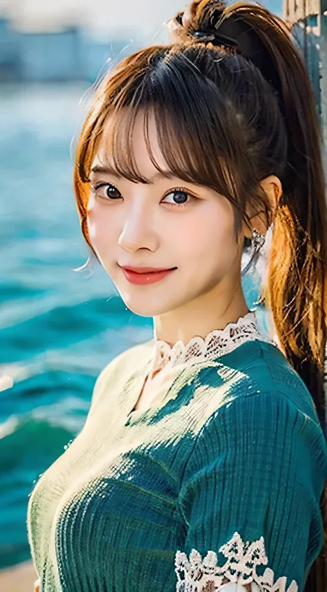 (Crowded sea in summer), Highest quality, Ultra HD, girl, (blouse),((Beautiful hair and beautiful big eyes)), smile,High Contrast, (Realistic:1.4),(ponytail),looking at the camera,Flash photography