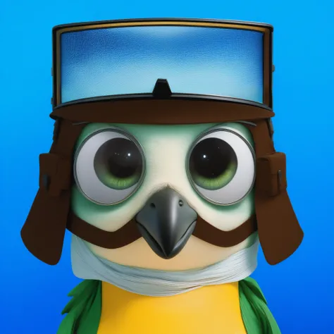 A charming cartoon bird character with large, sparkling eyes looking directly at us. The bird has a green and white face with a prominent big black beak. It wears a brown aviators helmet with detailed straps and buckles, and large, square, reflective goggl...