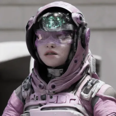 Photo of a college student, Purple Pink, Futuristic space suit, (freckle:0.8) Cute face, Science Fiction, Dystopia, Delicate eyes, Green pupils（（side view））