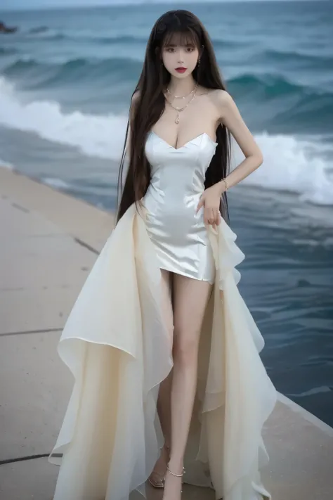 Beautiful woman with perfect body：1.4，Prominent cleavage，Layered Hairstyle，Highly detailed face and skin textures，Double eyelids，Skin Whitening，Long hair，Whitened long legs，（Rose Evening Dress，necklace），Standing by the sea，Half-length photo