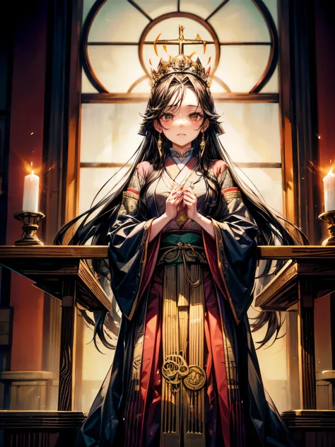 Himiko, ancient Japan, queen, shaman,((Forehead hai)),,long black hair, deep brown eyes, sumptuous attire, crown, sacred altar,regal expression,Stand up