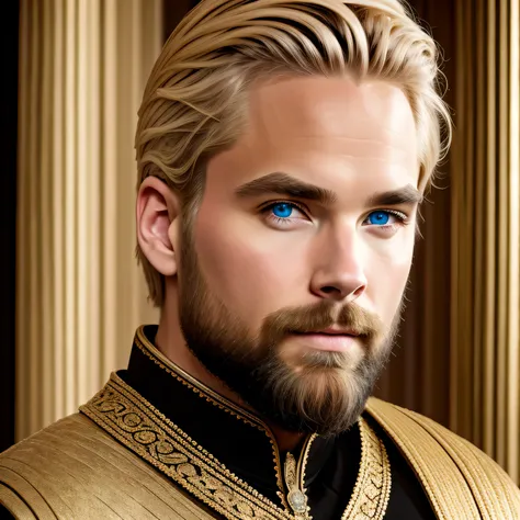 blond man, Blue eyes, short hair, thin chin beard, wearing black clothes of a noble king, Masterpiece, Best Quality  