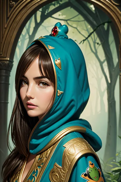 36k, portrait of a Camilla Belle in Cartoon style beautiful princess in a frog skin cloak