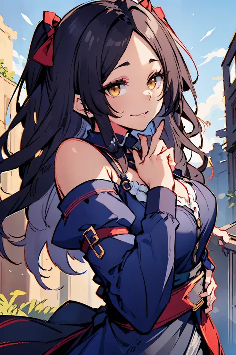 (masterpiece:1.2), (high quality:1.2), (hui xiyi:0.7)rekkyo sensen, rekkyou sensen, girls with((black hair, tits cleavage, waving is hands, breasts close up, (suspenders, dress, belt:0.7), (blue clothes, frills shirt, black armwear:1.2), exposed breasts, s...