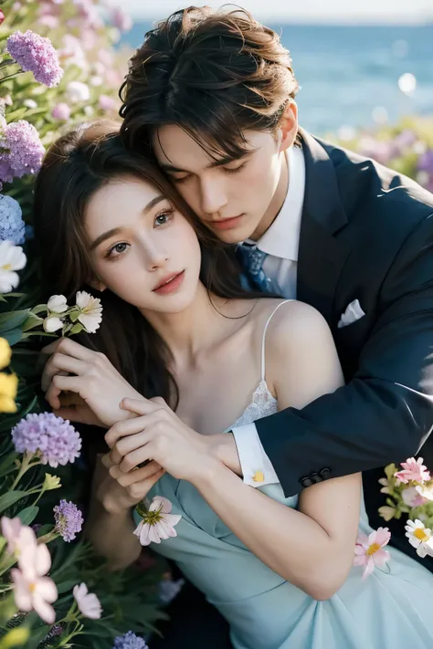 A couple in the sea of flowers，Handsome guy hugs beautiful girl from behind，Wearing a dress，Boys in suits，Perfect face perfect hands，Sweet atmosphere，bust