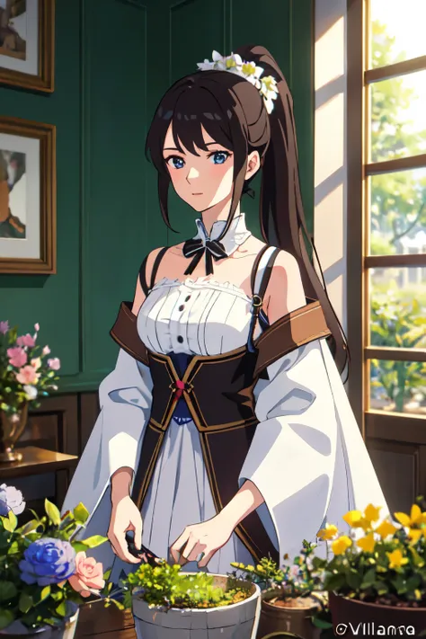 ((Highest quality)), ((masterpiece)), (detailed), One girl, anime,low length、ponytail,Chestnut,No background feathers needed,Overall bright，Beautiful flowers in the background,Based on Vladilena Milice
