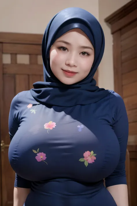 Chubby adorable, 1 girl, (face to face), 10 years old, baby face, happy, half body portrait, (face details: 1), (eye details: 1), ((big breasts)). wearing transparent softblue long shirt, hijab, .. Cute posed. proportional body. Ultra High Res. realistic: ...