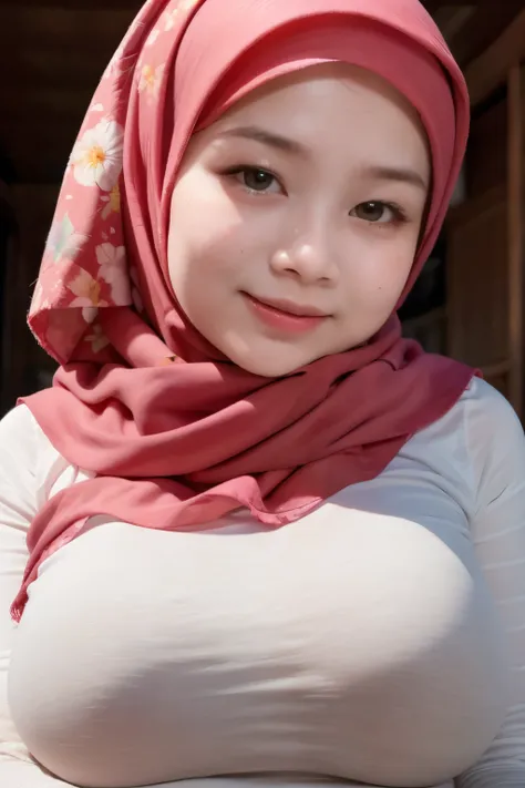 Chubby adorable, 1 girl, (face to face), 10 years old, baby face, happy, half body portrait, (face details: 1), (eye details: 1), ((big breasts)). wearing transparent softpink long shirt, hijab, .. Cute posed. proportional body. Ultra High Res. realistic: ...