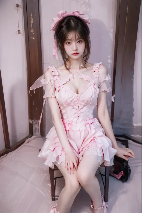 cyb dress, pink dress, frills, see-through short sleeves, wrist cuffs (best quality,extremely detailed:1.2), ((i-type valley)), ...