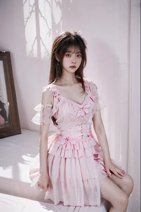 cyb dress, pink dress, frills, see-through short sleeves, wrist cuffs (best quality,Extremely detailed:1.2), ((I-type Valley)), ((Bare shoulders)), ((Visible cleavage)), ((full body)), Random scenes, Random shooting angles,Asian Models,beautiful,young,Chin...