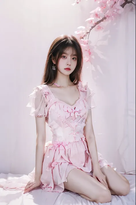 cyb dress, pink dress, frills, see-through short sleeves, wrist cuffs (best quality,Extremely detailed:1.2), ((I-type Valley)), ((Bare shoulders)), ((Visible cleavage)), ((full body)), Random scenes, Random shooting angles,Asian Models,beautiful,young,Chin...