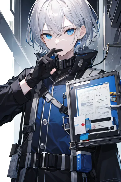 Adult male、thin、Highly detailed eye、Draw the whole body、doctor uniform、Has a submachine gun、Blue Eye、Silver Hair、short hair、Black Fingerless gloves、Equipped with transparent black shooting goggles、Carry a first aid kit、Health Corps、emotionless face