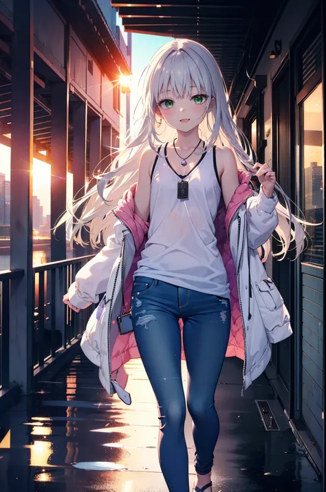 index, index, (Green Eyes:1.5), Silver Hair, Long Hair, (Flat Chest:1.2)happy smile, smile, Open your mouth,v neck tank top shirt,Skinny jeans,Cute Sandals,Rocket Pendant,Walking,Sunset,evening,The sun is setting,whole bodyがイラストに入るように,
break looking at vie...