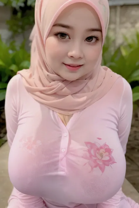 Chubby adorable, 1 girl, (face to face), 10 years old, baby face, happy, half body portrait, (face details: 1), (eye details: 1), ((big breasts)). wearing transparent softpink long shirt, hijab, .. Cute posed. proportional body. Ultra High Res. realistic: ...