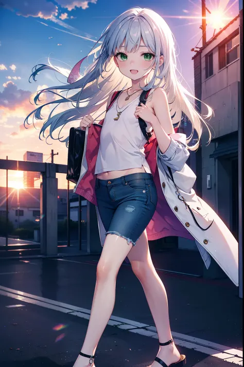 index, index, (Green Eyes:1.5), Silver Hair, Long Hair, (Flat Chest:1.2)happy smile, smile, Open your mouth,v neck tank top shirt,Skinny jeans,Cute Sandals,Rocket Pendant,Walking,Sunset,evening,The sun is setting,whole bodyがイラストに入るように,
break looking at vie...