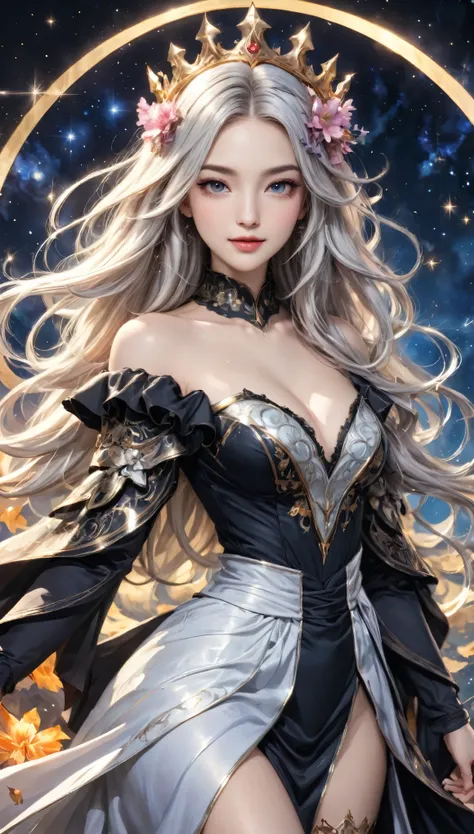 8K resolution, masterpiece, Highest quality, Award-winning works, unrealistic, From above, erotic, sole sexy lady, healthy shaped body, 22 years old, black mage, 165cm tall, huge firm bouncing busts,, white silver long wavy hair, Detailed facial depictions...