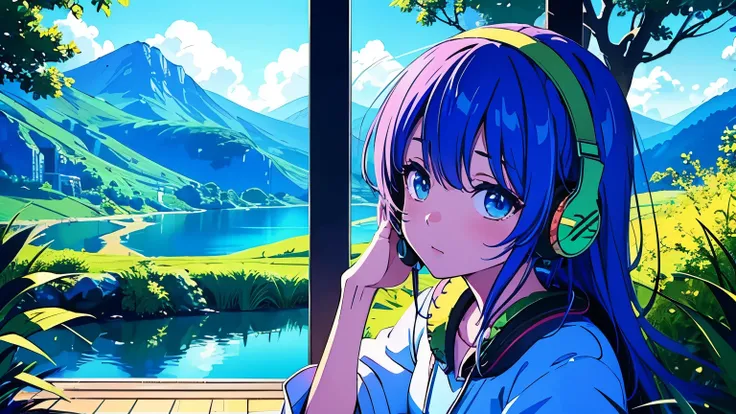 a beautiful anime girl, headband headphones, in a tranquil, lofi, quiet atmosphere, chilling and looking at a lake on a sunny, quiet morning, masterpiece, best quality, 4k, high resolution, photo-realistic, highly detailed, vivid colors, studio lighting, p...