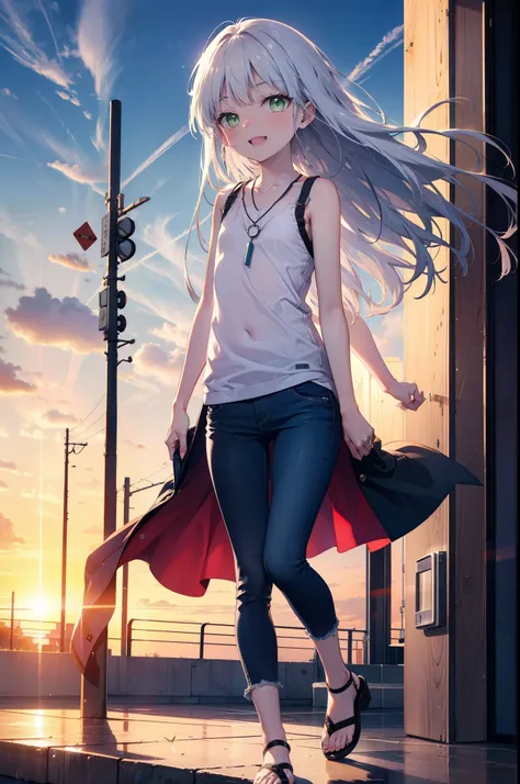 index, index, (Green Eyes:1.5), Silver Hair, Long Hair, (Flat Chest:1.2)happy smile, smile, Open your mouth,v neck tank top shirt,Skinny jeans,Cute Sandals,Rocket Pendant,Walking,Sunset,evening,The sun is setting,whole bodyがイラストに入るように,
break looking at vie...