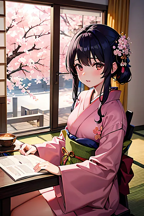 A girl wearing a kimono studying in a room　Japanese anime style　Warm lighting　Outside the room, cherry blossoms are falling