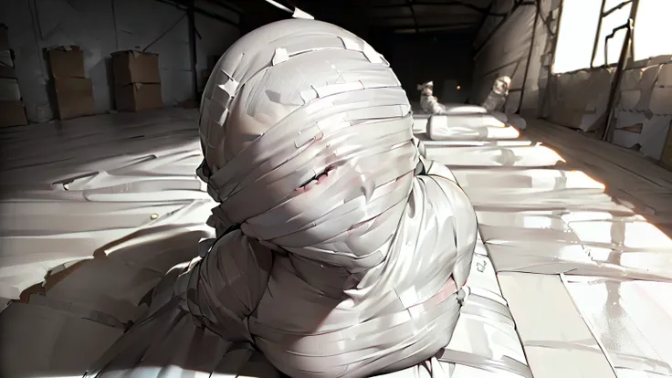 mummification, blindfold, tape gagged, (1 girl:1.4), ((imprisoned in a warehouse)), (highly detailed cg unity 8k), (highest qual...