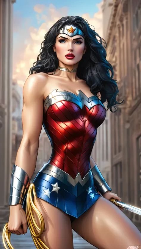 ( masterpiece, 4k resolution, ultra-realistic, very detailed)  sexy beautiful wonder woman (new 52) . portrait photography by ar...