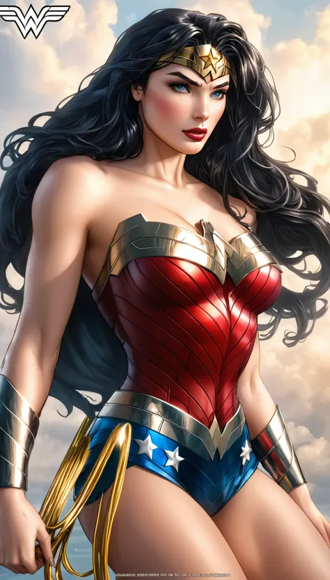 ( Masterpiece, 4k resolution, ultra-realistic, very detailed)  Sexy beautiful Wonder Woman (New 52) . portrait photography by artgerm, in the style of realism, glistening skin, cartooncore, mangacore, natural lighting, Defined full lips. fitness feminine b...