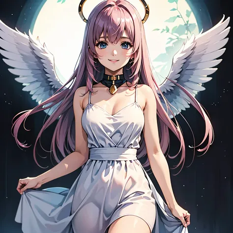 megurine luka、big angel wings、angel halo、smile、look at this、wearing a light white dress