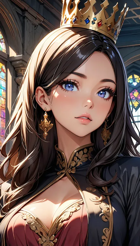 (Highest quality:1.2, High detail, masterpiece:1.2, Best aesthetics), (1 Girl), Pomp and circumstance々, Queen, Dignity, style, Beautiful features, Beautiful woman royalty, 王宮の美しいQueen、Beautiful Hair, Shiny Hair, Beautiful Skin, Detailed face and eyes, Glos...