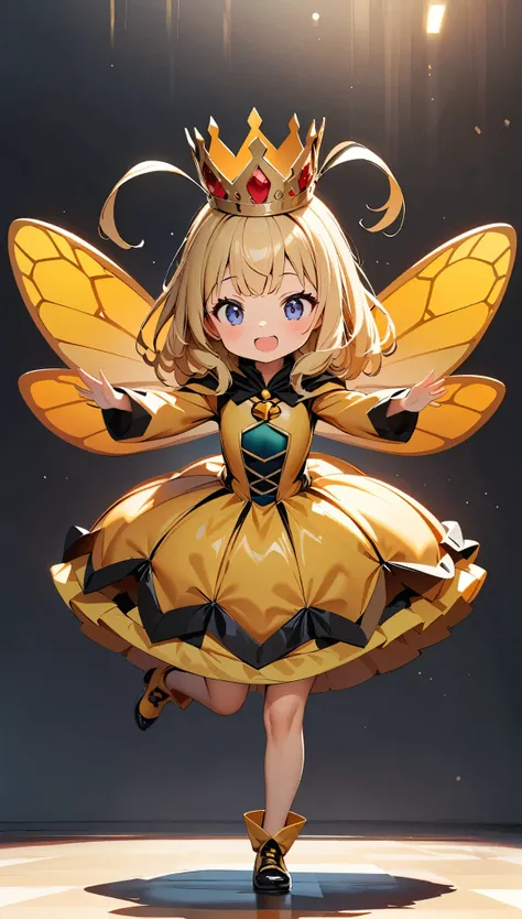 (Highest quality:1.2, High detail, masterpiece:1.2, Best aesthetics), (1 Girl), Young, Young Girl, small, Queen bee costume, Cosplay, Pretty crown, Detailed wasp costume, Play, dance, Full body view:1.2, Single color background, Bright colors, Deformation,...