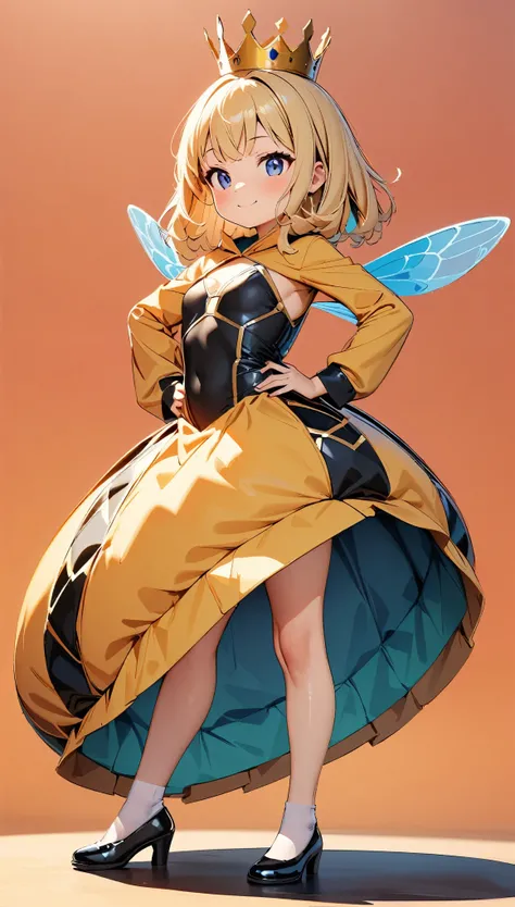 (Highest quality:1.2, High detail, masterpiece:1.2, Best aesthetics), (1 Girl), Young, Young Girl, small, Queen bee costume, Cosplay, Pretty crown, Detailed wasp costume, Play, dance, Full body view:1.2, Single color background, Bright colors, Deformation,...