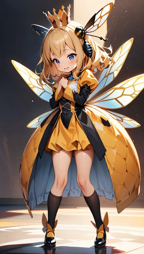 (Highest quality:1.2, High detail, masterpiece:1.2, Best aesthetics), (1 Girl), Young, Young Girl, small, Queen bee costume, Cosplay, Pretty crown, Detailed wasp costume, Play, dance, Full body view:1.2, Single color background, Bright colors, Deformation,...