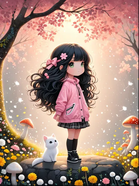 Cute cartoon boy, whole body,Mushroom floating, Pink and white color scheme, sharpie illustration, Thick lines, Grunge rock style beauty, Blending Mode, in the style of Amanda clark, Evgeni gordiets, illustration, 1 nhbm 1