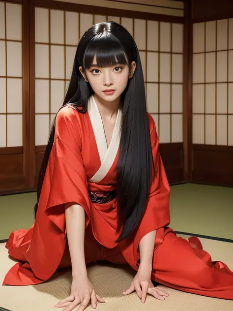 １woman　((Waist up shot))　((She wears a Japanese kimono with a predominantly red color scheme.))　(She is in a Japanese-style room and does a random sitting sway back stance.:1.4)　(She looks at the viewer with the best sexy expression:1.5)　　((Highest quality...