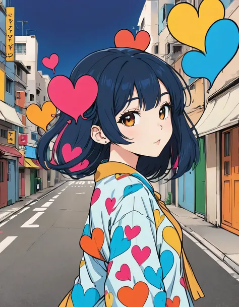 Mai Yoneyama style, Simple Line Initialism,Abstract art,Urban Background, colorful hearts ,(((The most beautiful girl of all time))),