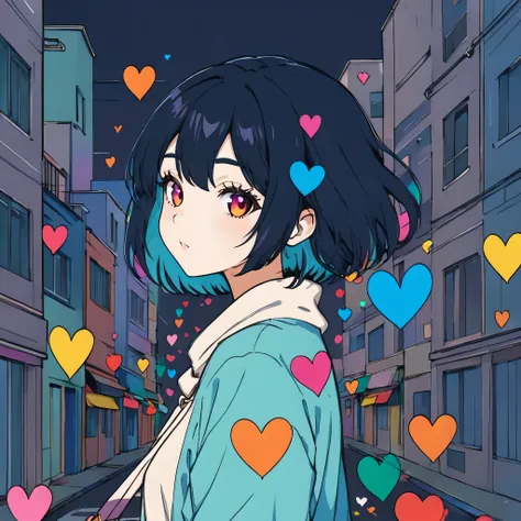 Mai Yoneyama style, Simple Line Initialism,Abstract art,Urban Background, colorful hearts ,(((The most beautiful girl of all time))),
