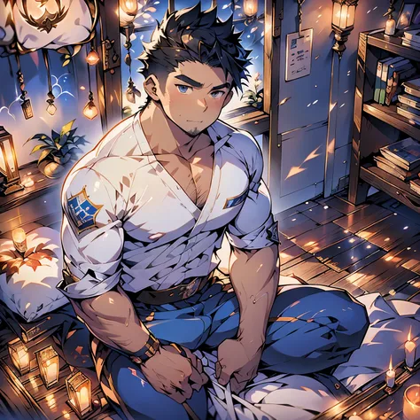 Highest quality、High resolution、８K、Japanese anime-like illustrations、Very handsome grown man、（detailed face）、（detailed eyes）、A fantastic atmosphere、Wearing a blue and white T-shirt、Wearing blue pants、barefoot、Sitting in a Japanese-style room、A very handsom...