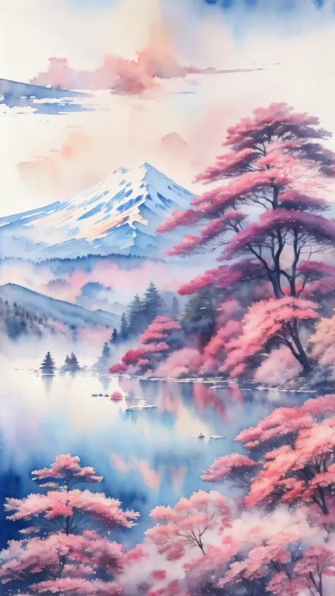 (masterpiece:1.2, highest quality),(very detailed),(((watercolor))),8k,wallpaper,japanese landscape,fuji mountain,lake yamanaka