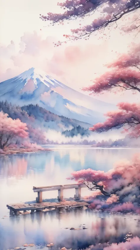 (masterpiece:1.2, highest quality),(very detailed),(((watercolor))),8k,wallpaper,japanese landscape,fuji mountain,lake yamanaka