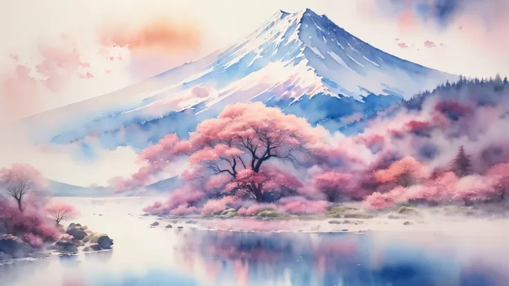 (masterpiece:1.2, highest quality),(very detailed),(((watercolor))),8k,wallpaper,japanese landscape,fuji mountain,lake yamanaka