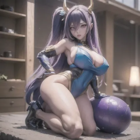 araffed Purple Powder Queen in a blue and gold outfit posing for a picture,Purple Powder Queen oppai, 8k octae render photo, giant stunning goddess shot, anime goddess, granblue fantasy, 8k artgerm bokeh, sfw version, ayaka game genshin impact, ayaka gensh...