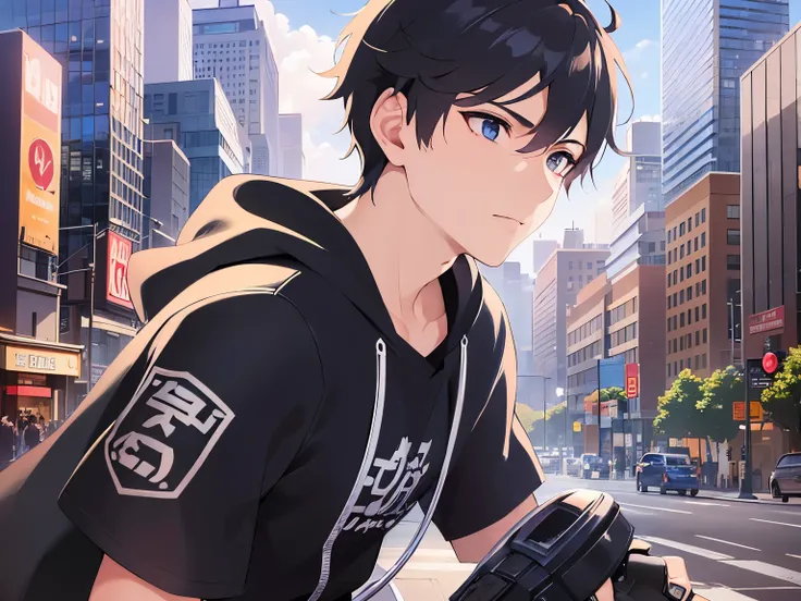 Detailed CG,Ultra-fine illustrations,masterpiece,Highest quality,Shiny skin,BREAK(26 year old male:1.5)BREAK,(Black Short Hair),(blue eyes),(Black T-shirt),sad,side angle,(looking away:1.5),The background is a late-night city,Alone