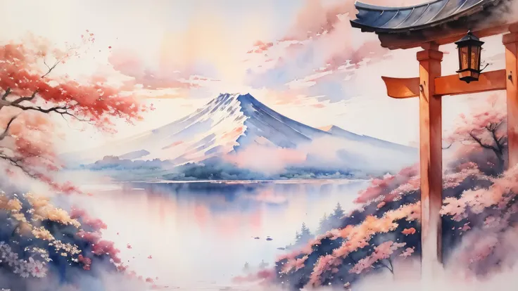 (masterpiece:1.2, highest quality),(very detailed),(((watercolor))),8k,wallpaper,japanese landscape,fuji mountain,torii in the s...