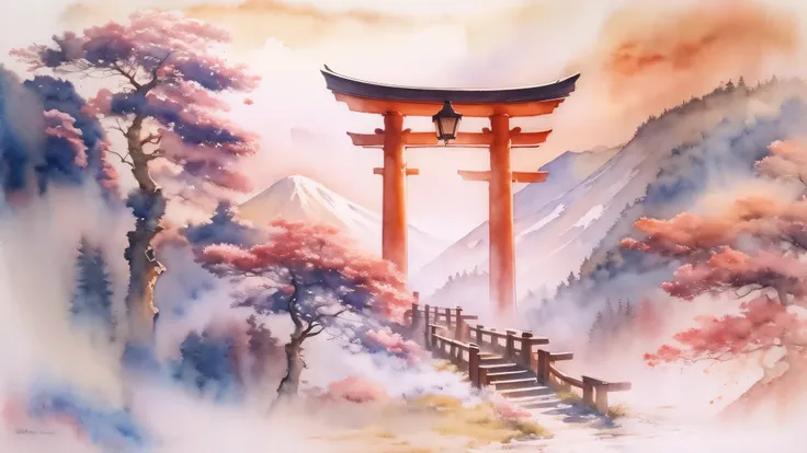 (masterpiece:1.2, highest quality),(very detailed),(((watercolor))),8k,wallpaper,japanese landscape,fuji mountain,torii in the s...